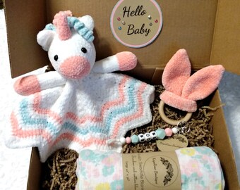 Hello Baby Girl Striped Velvet Plush Unicorn Lovey Gift Box Set