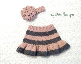 3 to 6 Month Old Baby Girl Crochet Carnation Flower Headband and Striped Skirt Set Khaki and Pink