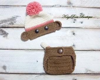 Sock Monkey Newborn Baby Girl Crochet Pom Pom Hat and Diaper Cover Set Pink Cream and Brown