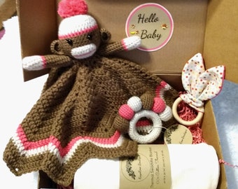 Hello Baby Pink Sock Monkey Lovey Gift Box Set