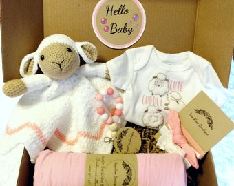 Hello Baby Girl Velvet Plush Lamb Lovey Gift Box Set