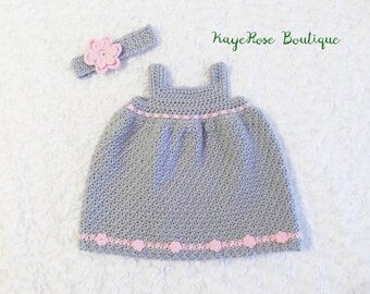 Newborn Baby Girl Pink and Gray Striped Dress and Flower Headband Set