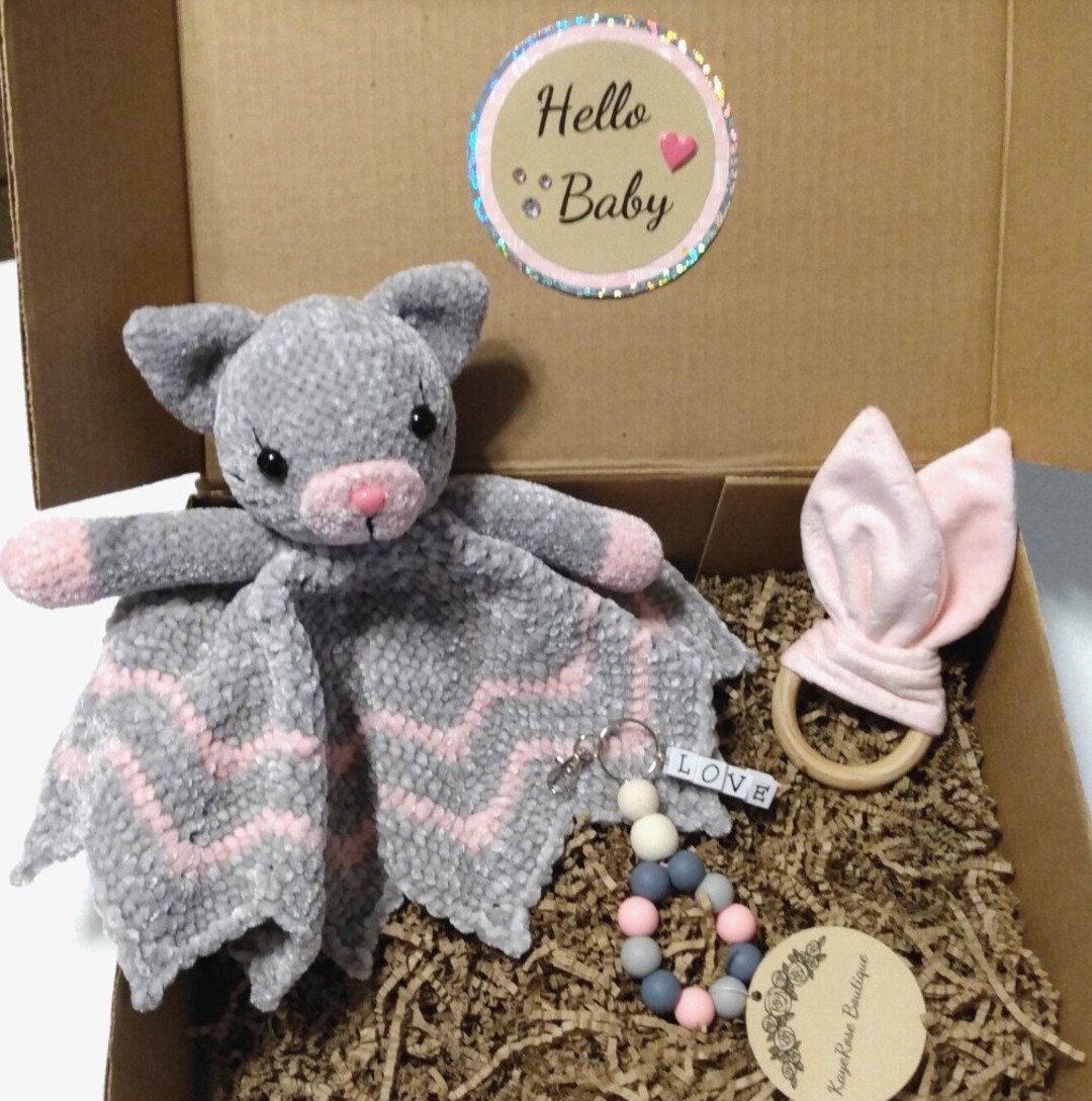 Hello Baby Girl Pink and Gray Velvet Plush Kitty Lovey Gift Box Set - Etsy