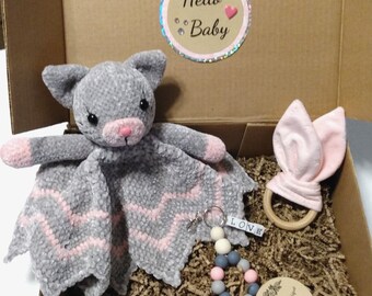 Hello Baby Girl Pink and Gray Velvet Plush Kitty Lovey Gift Box Set