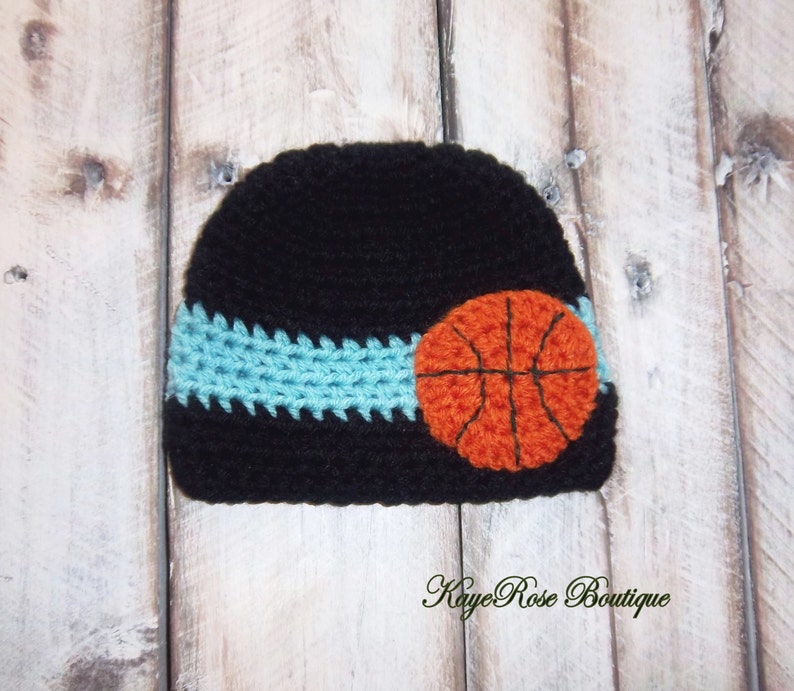 Newborn Baby Boy Crochet Basketball Hat and Diaper Cover Set Black and Teal Stripe Bild 2