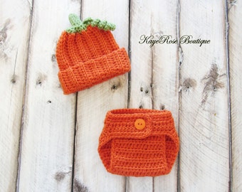 Newborn Baby Fall Pumpkin Hat and Diaper Cover Set Burnt Orange