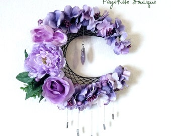 Purple Healing Amethyst Crystal Floral Crescent Moon Dream Catcher Wreath