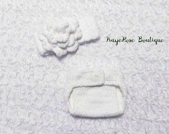 Newborn to 3 Month Old Baby Girl Crochet Big Rose Head Wrap and Diaper Cover White Velvet Plush