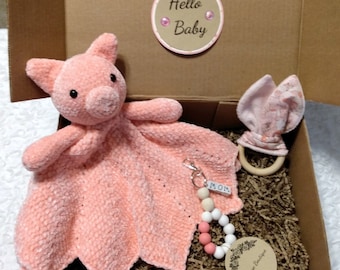 Hello Baby Pink Velvet Plush Pig Lovey Gift Box Set