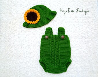 Baby Girl Crochet Sunflower Bucket Hat and Romper Set
