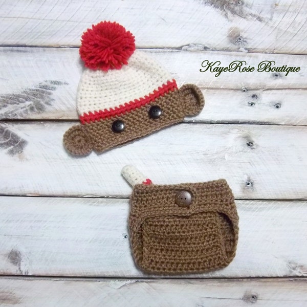 Sock Monkey Newborn Baby Boy Crochet Pom Pom Hat and Diaper Cover Set Red Cream and Brown