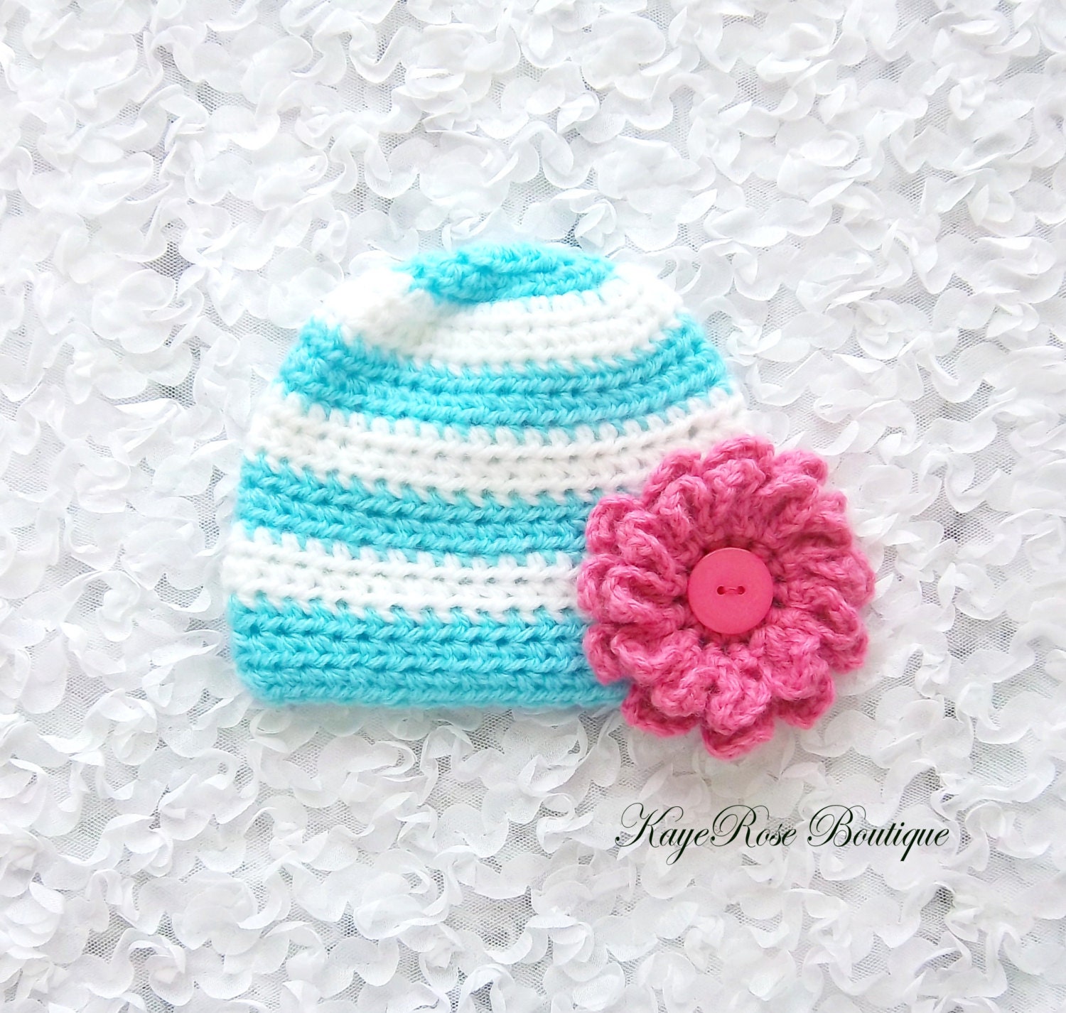 Newborn Baby Girl Striped Crochet Flower Hat Blue White and - Etsy