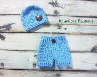 Newborn Baby Boy Crochet Hat and Shorts Set Blue