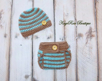 Newborn Baby Boy Crochet Hat and Diaper Cover Set Teal and Brown Stripes