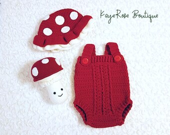 Crochet Baby Mushroom Hat Romper and Plush Toy Set