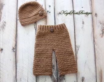 Newborn Baby Boy Crochet Hat and Legging Pants Set Brown