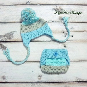 Newborn Baby Boy Crochet Ear Flap Pom Pom Hat and Diaper Cover Set Teal Khaki and Mint Stripes
