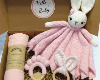 Hello Baby Pink Bunny Lovey Gift Box Set