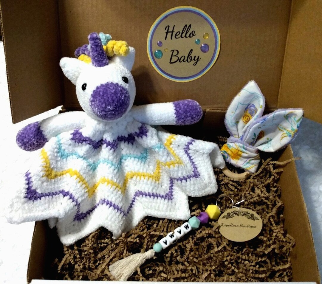 Hello Baby Striped Velvet Plush Unicorn Lovey Gift Box Set - Etsy