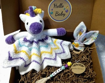 Hello Baby Striped Velvet Plush Unicorn Lovey Gift Box Set