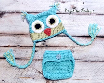 Newborn Baby Crochet Owl Hat and Diaper Cover Set Turquoise and Green