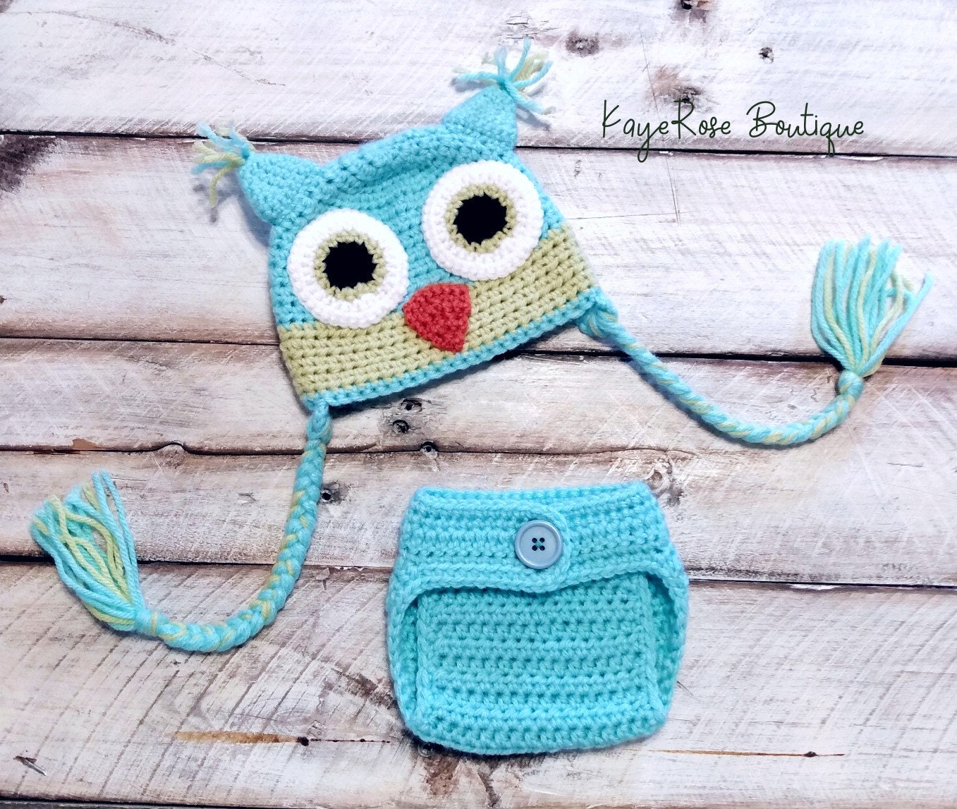 Newborn Baby Crochet Owl Hat and Diaper Cover Set Turquoise and Green