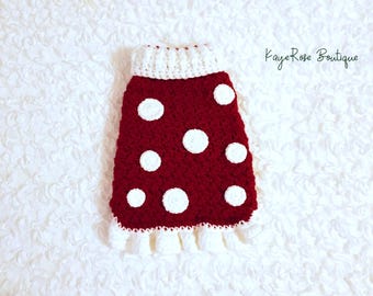 Crochet Mushroom Dog Sweater Dress Red and White Size XS