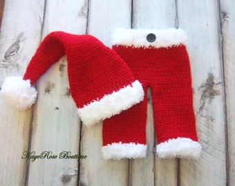 ON SALE Christmas Newborn Baby Santa Claus Crochet Hat and Pants Set Red and Furry White