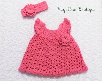 Newborn Baby Girl Pink Crochet Flower Dress and Headband Set