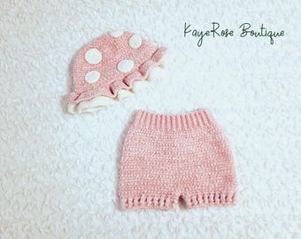 Baby Girl Crochet Pink Mushroom Hat and Bloomer Set Velvet Plush