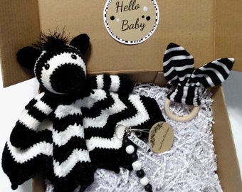 Hello Baby Black and White Velvet Plush Zebra Lovey Gift Box Set