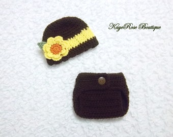 Newborn to 3 Month Old Baby Girl Crochet Striped Sunflower Hat and Diaper Cover Set Brown and Yellow