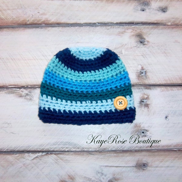 Newborn to 3 Month Old Baby Boy Crochet Button Hat Blue Stripes
