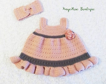 Newborn to 3 Month Old Baby Girl Pink and Taupe Striped Rose Dress and Head Wrap Set