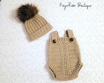 Crochet Khaki Fur Pom Pom Baby Hat and Romper Set