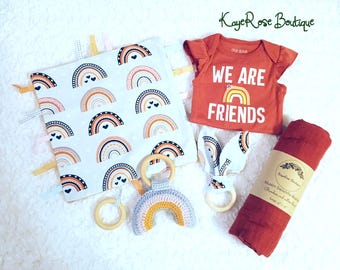 Baby Rainbow Minky Lovey Gift Set Crochet Rainbow Rattle Toy Onesie Muslin Blanket