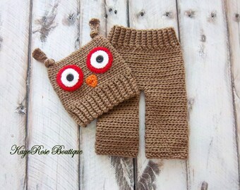 Newborn Baby Boy Crochet Owl Hat and Pants Set Brown