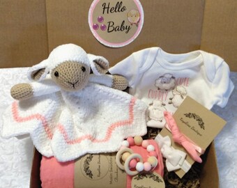 Hello Baby Girl Pink and White Velvet Plush Lamb Lovey Gift Box Set