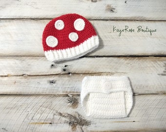 Newborn to 3 Month Old Baby Crochet Mushroom Hat and Diaper Cover Set