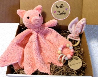 Hello Baby Pink Crochet Velvet Plush Pig Lovey Gift Box Set