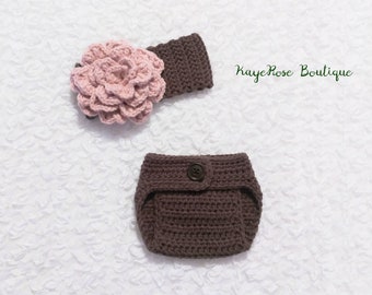 Newborn to 3 Month Old Baby Girl Crochet Big Rose Head Wrap and Diaper Cover Dark Brown and Mauve