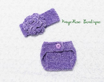 Newborn to 3 Month Old Baby Girl Crochet Big Rose Head Wrap and Diaper Cover Purple Velvet Plush