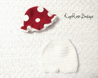 Crochet Mushroom Hat and Bloomer Set Red and White