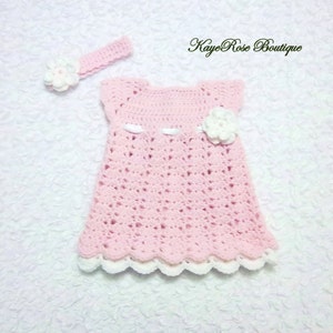 SALE Newborn Baby Girl Pink and White Crochet Flower Dress and Headband Set White and Pink