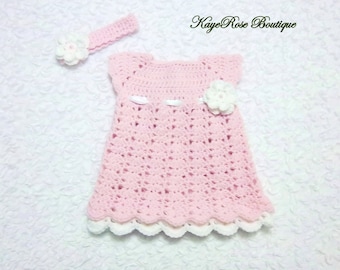 Newborn Baby Girl Pink and White Crochet Flower Dress and Headband Set White and Pink