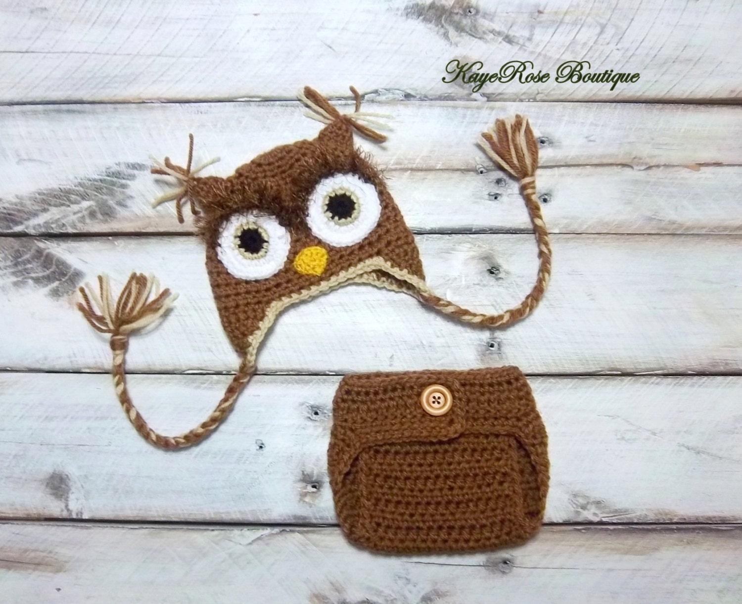 Newborn Baby Boy Crochet Owl Earflap Hat and Diaper Cover Set Furry Brown