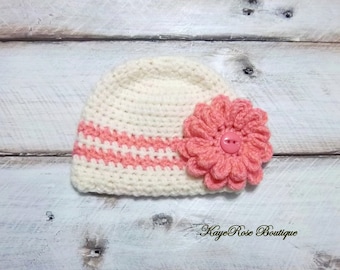 Newborn Baby Girl Crochet Flower Hat Cream and Pink Stripes