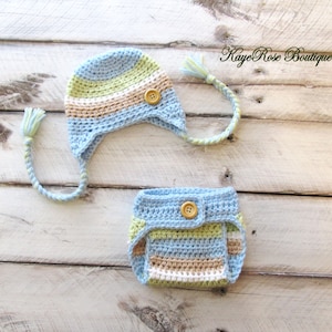 Newborn Baby Boy Crochet Ear Flap Hat and Diaper Cover Set Blue Green White and Khaki Stripes