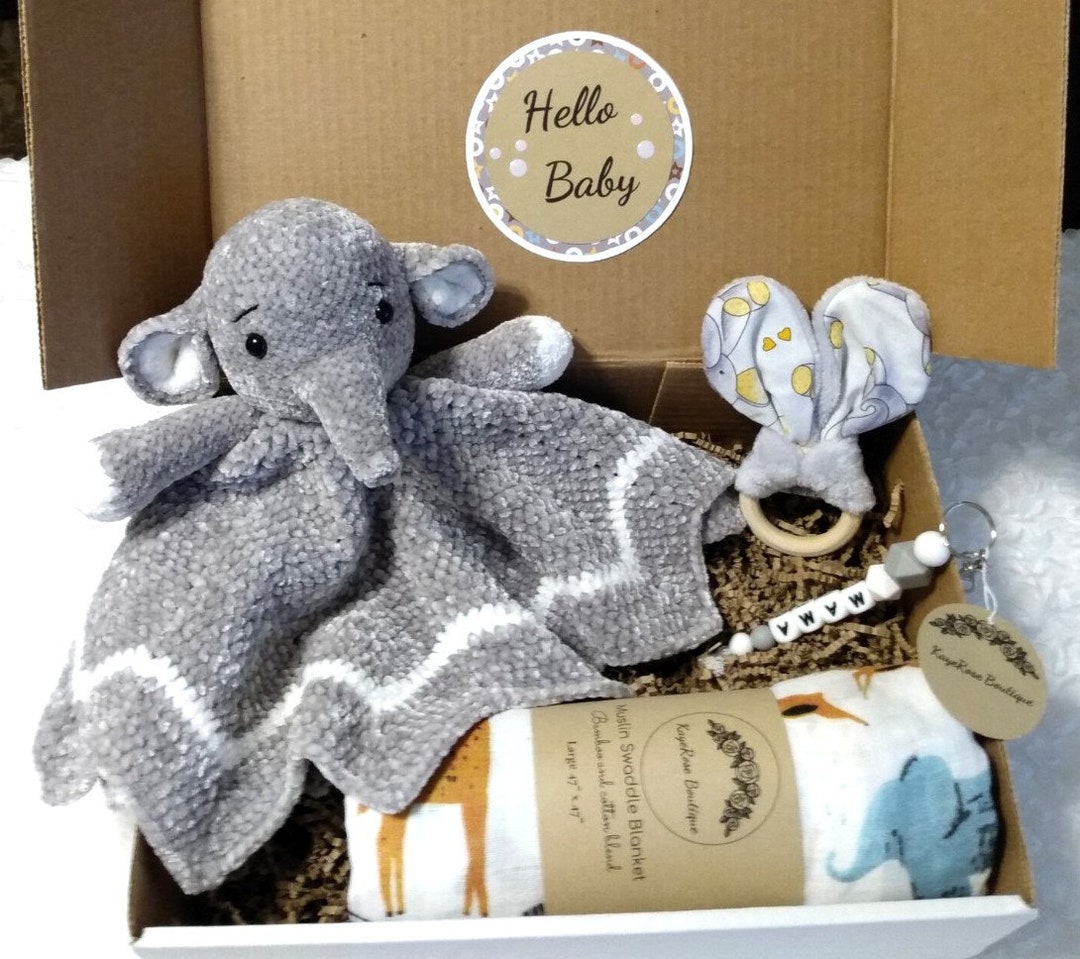 Hello Baby Gray Velvet Plush Elephant Lovey Gift Box Set - Etsy
