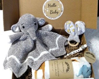 Hello Baby Gray Velvet Plush Elephant Lovey Gift Box Set